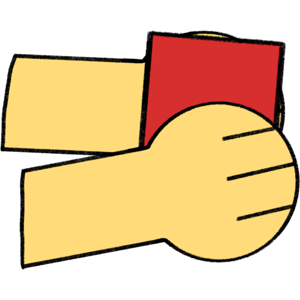 a pair of yellow cartoon hands holding a red square.